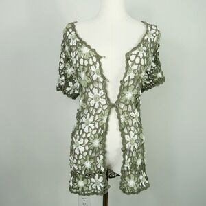 Womens Crochet Floral Cardigan Size L Sage Green Boho Cottagecore Fairy Romantic
